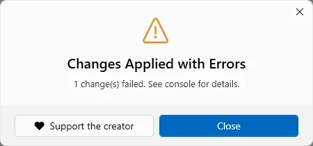 The completion dialog when something failed. Here the only failure was the restore point, which Windows Server cannot create; every tweak and app removal went through.