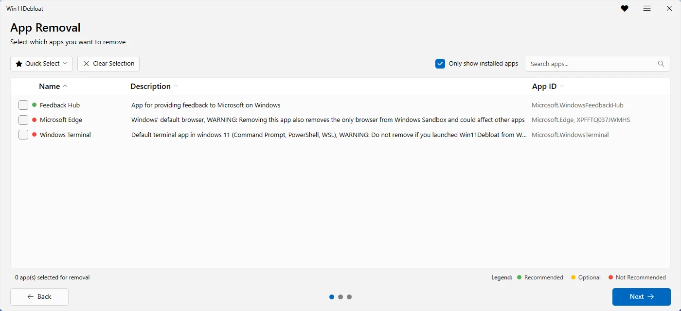 The same list with Only show installed apps ticked: Win11Debloat checks what is actually on this PC.