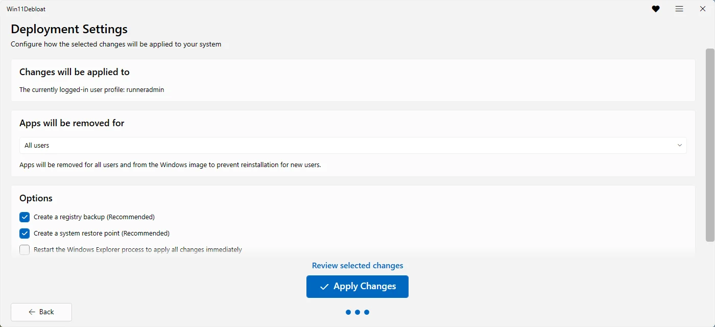 After clicking Default Mode : Win11Debloat ticks the default apps and tweaks and jumps straight to Deployment Settings, where Apps will be removed for now appears.