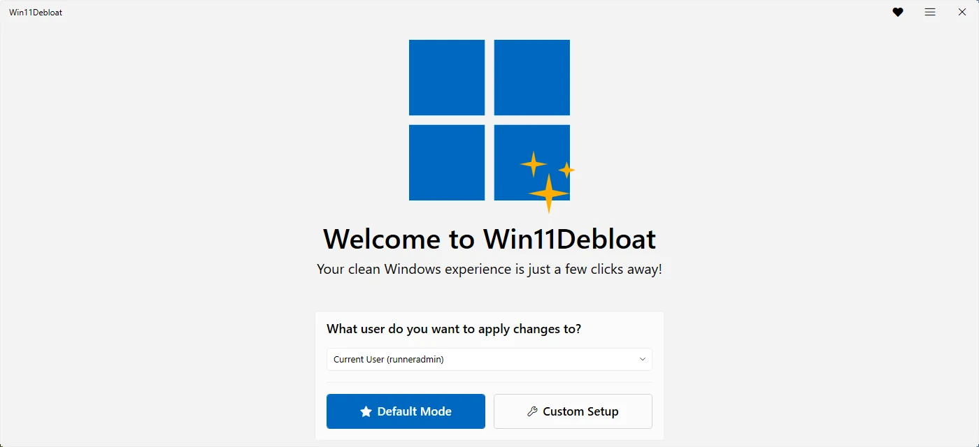 The Win11Debloat 2026.08.24 home screen: choose the user to change, then Default Mode or Custom Setup .