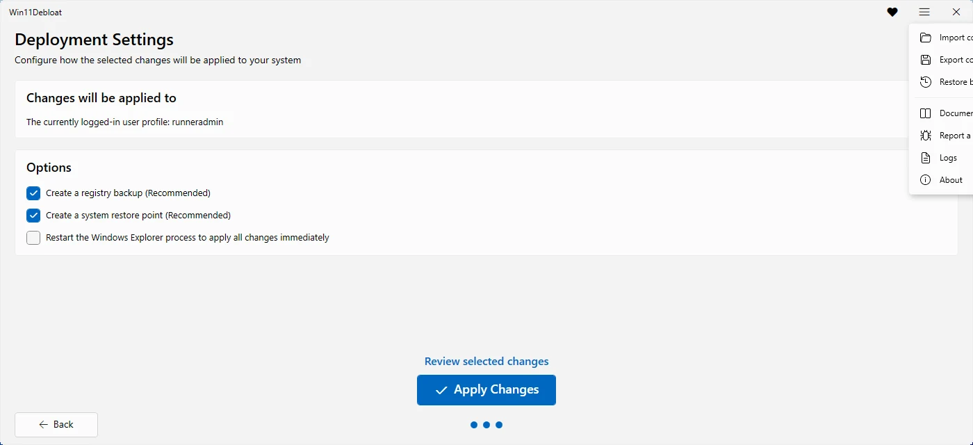 The menu behind the ☰ button: Import config, Export config, Restore backup, Documentation, Report a bug, Logs and About.