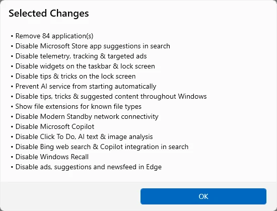 Review selected changes in Default mode on this machine: 84 apps and 13 tweaks. Tweaks that do not apply to this Windows build are left out of the list.