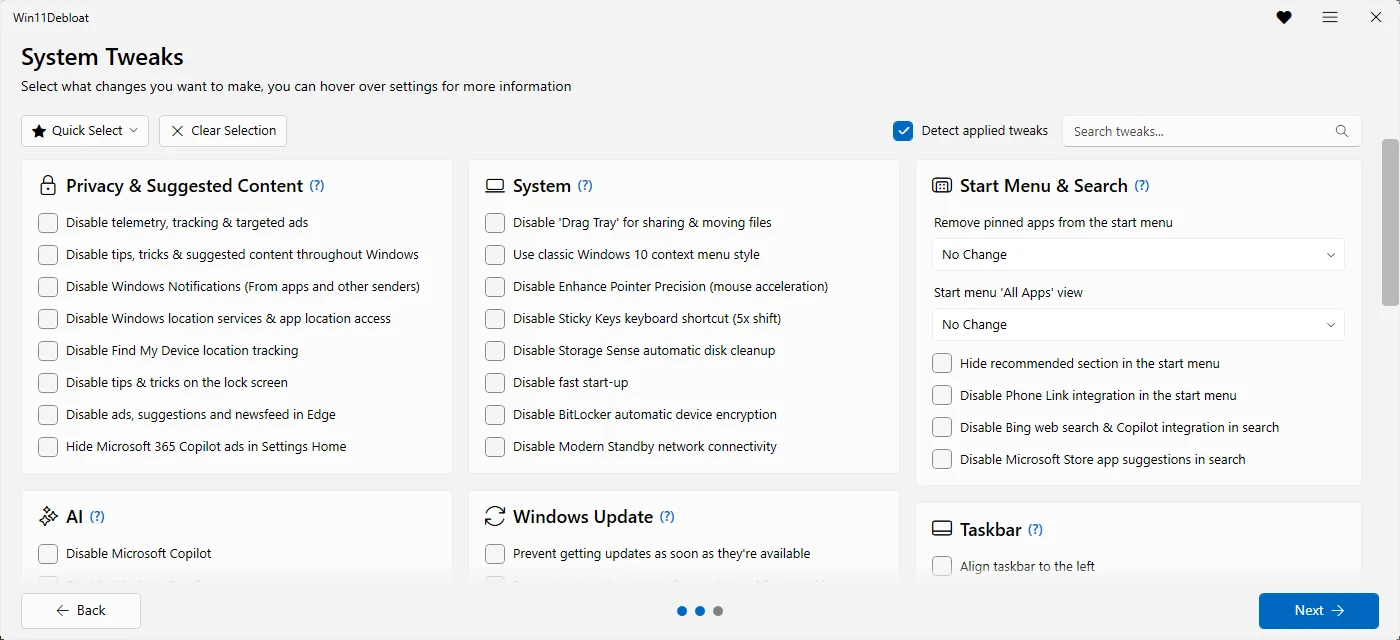 Step 2, System Tweaks : tweaks grouped by area. Hover a setting for an explanation. With Detect applied tweaks on, settings that are already in effect come pre-ticked.