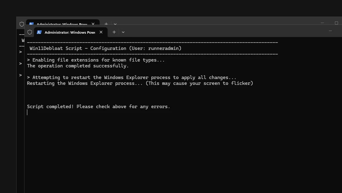 The official one-liner at work: Get.ps1 has downloaded the release to %TEMP%\win11debloat.zip and is unpacking it before Win11Debloat starts.