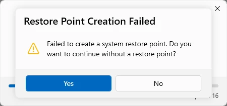 The real dialog when Windows cannot create a restore point (here on Windows Server, which has no System Restore). Yes continues without one, No cancels the whole run.