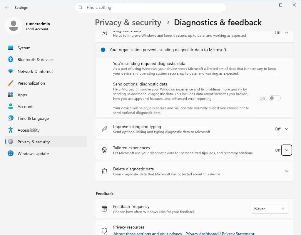 Settings after Default mode: Your organization prevents sending diagnostic data to Microsoft. This is the Group Policy that -DisableTelemetry sets, not a real organization.